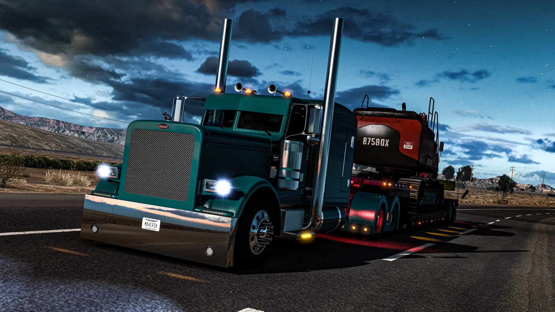 American Truck Simulator semi-truck hauling a trailer at dusk