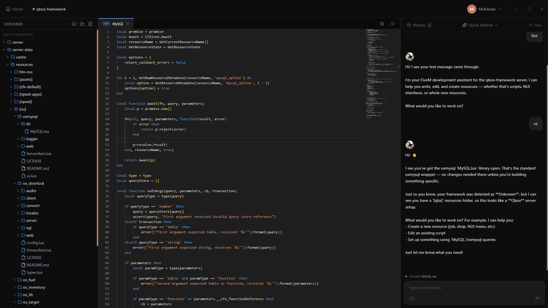 Ovan AI explaining FiveM Lua code next to a server's resource folders